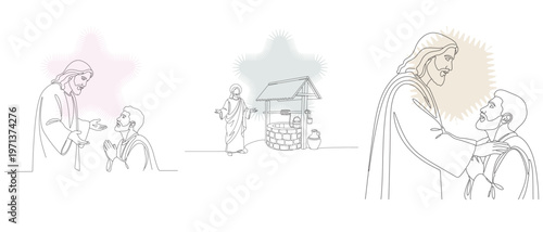 Line art illustration depicting biblical scenes of compassion, healing, and faith, featuring figures near a well and in moments of connection.