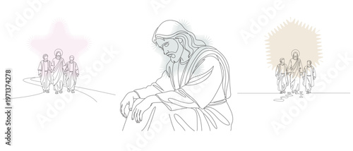 Line art illustration depicting a sorrowful figure with groups of people flanking either side, evoking themes of faith and contemplation.