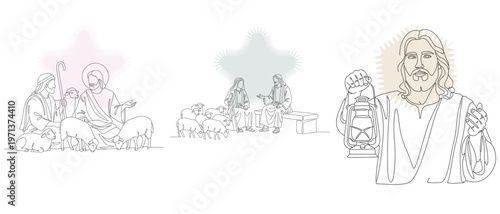 Line art illustration depicting biblical scenes with shepherds, sheep, and a portrait of Jesus Christ, evoking faith and spirituality.