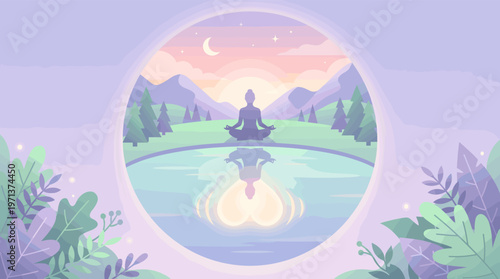 Peaceful vector art of a figure in lotus pose by a lake at sunrise. Ideal for meditation, mental health, and spiritual wellness themes.