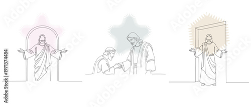 Line art illustration depicting Jesus Christ in three different welcoming poses, symbolizing faith, hope, and divine connection.