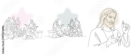 Line art illustration depicting Jesus Christ preaching to a crowd of people, with a focus on his gestures and teachings.