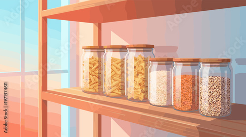 A tidy wooden shelf with glass jars of pasta, lentils, quinoa, and rice. A sunlit illustration for organization, healthy lifestyle, and sustainable living concepts.