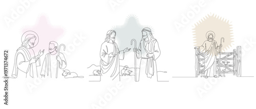 Line art illustration depicting scenes from the life of Jesus Christ, including healing, teaching, and resurrection.