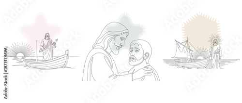 Line art illustration depicting scenes from the life of Jesus Christ, including healing, compassion, and discipleship, with a focus on faith.