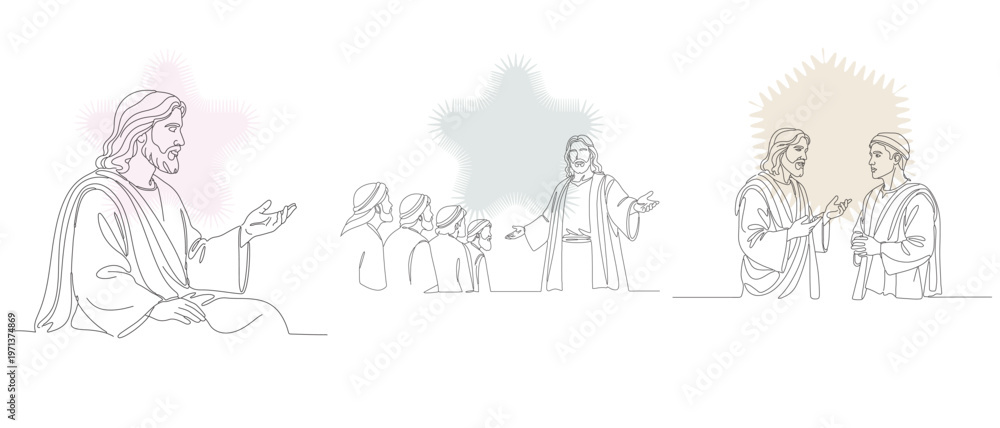Fototapeta premium Line art illustration depicting scenes from the life of Jesus Christ, including teaching, healing, and interactions with followers.