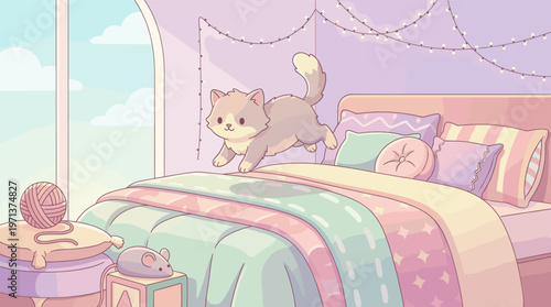 Adorable kawaii kitten in a dreamy pastel bedroom. This cozy and playful vector illustration is great for kids' decor, pet blogs, and aesthetic lifestyle branding.