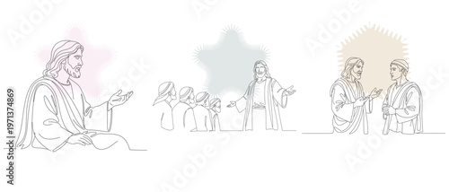 Line art illustration depicting scenes from the life of Jesus Christ, including teaching, healing, and interactions with followers.