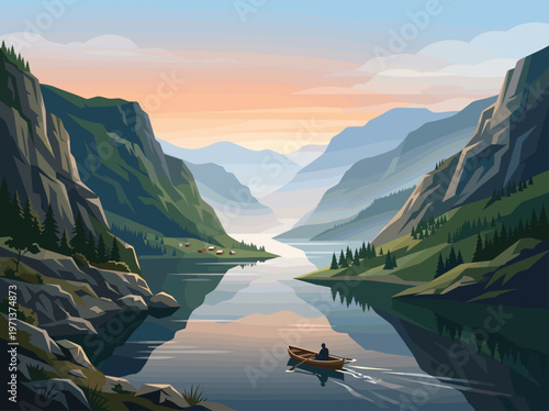 Vector illustration of a serene mountain fjord at sunset. A lone person rows a boat on calm, reflective water. Ideal for travel, nature, and mindfulness concepts.