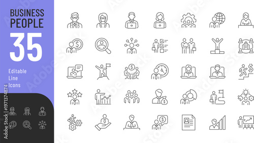 Business People Line Editable Icons set. Vector illustration in a modern thin line style of business related icons: leadership, manager, skills, and more. Isolated on transparent background.