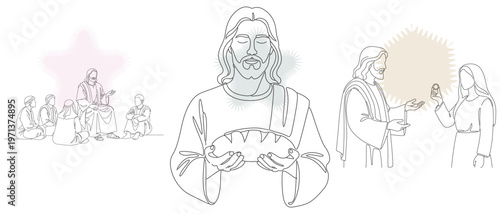 Line art illustration depicting scenes from the life of Jesus Christ, including teaching disciples and the last supper, faith and spirituality.