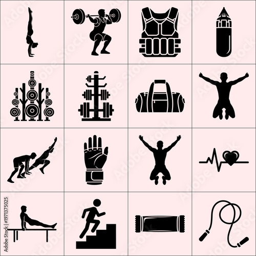 Sixteen black fitness silhouettes on pale pink including gymnast and weightlifter