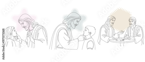 Line art illustration depicting scenes of compassion, kindness, and mentorship, featuring figures interacting with gentle expressions.