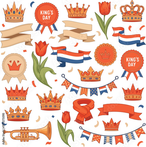 Dutch King's Day Celebration Elements Set with Orange Crowns, Tulips, and Netherlands Flags