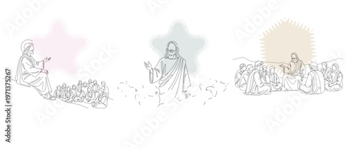 Line art illustration depicting scenes of Jesus preaching to crowds, with subtle color washes and a minimalist aesthetic, ideal for religious themes.