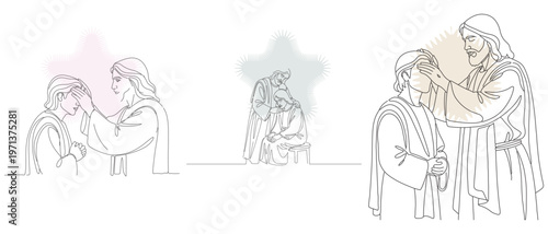 Line art illustration depicting scenes of healing and compassion, featuring figures in moments of faith and restoration, ideal for religious or spiritual content.