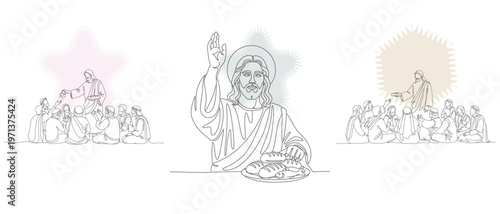 Line art illustration depicting the biblical story of Jesus blessing and sharing bread with his disciples, a scene of faith and devotion.