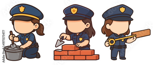 Female police officer building brick wall and measuring
