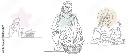 Line art illustration depicting the biblical story of Jesus feeding the five thousand with loaves and fishes, a symbol of faith and abundance.