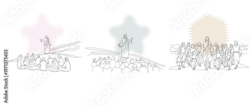 Line art illustration of religious scenes depicting Jesus preaching to crowds, with varying color backgrounds and sunburst effects.