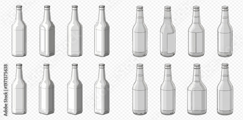 Set of empty beer bottles with and without labels.