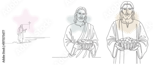Line art illustrations depicting biblical scenes of Jesus Christ, including the miracle of loaves and fishes and carrying the cross.