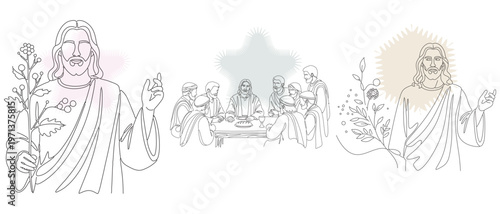 Line art illustrations depicting biblical scenes with Jesus, including the Last Supper and moments of teaching and blessing, in a minimalist style.