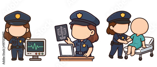 Female police officer performing medical checks flat vector illustration