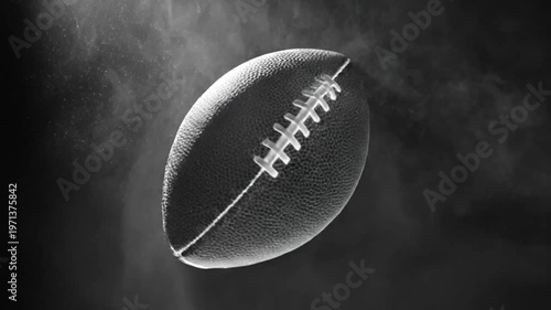 Dramatic slow-motion football floating against dark background with smoke highlighting the texture of the pigskin
