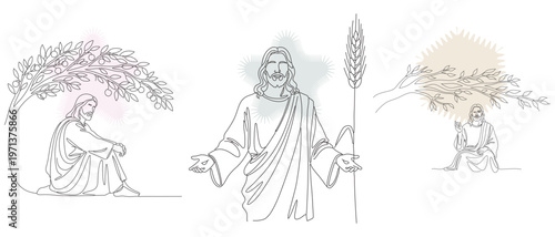 Line art illustrations depicting biblical scenes with Jesus, wheat stalks, and contemplative figures under trees, evoking faith and spirituality.