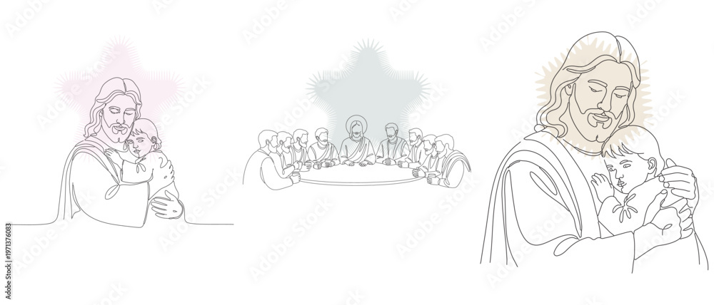 Fototapeta premium Line art illustrations depicting Jesus with children and the Last Supper, conveying themes of faith, love, and compassion in a minimalist style.