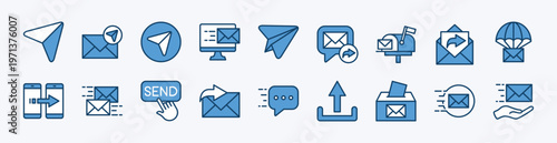Set of send message icon. Contains electronic mail, mailbox, newsletter, transfer, reply, share arrow, upload, letter box, continue, forward button, paper plane for social media  - vector illustration