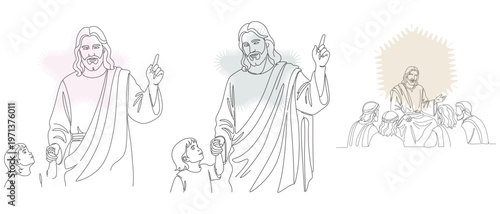 Line art illustrations depicting Jesus Christ preaching and interacting with followers, conveying faith and spiritual guidance.