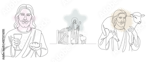 Line art illustrations depicting Jesus Christ with symbolic elements like bread, wine, sheep, and a pastoral scene, conveying faith and spirituality.