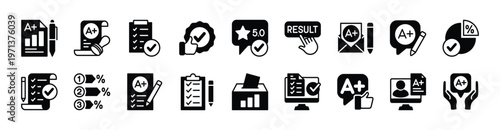 Result icon vector set. Contains checkmark, value, mark, grade, percentage, positive for approval, verify, feedback button, online certify, quality, certification, license, best reward - illustration