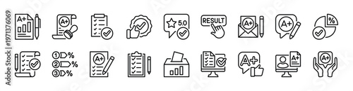 Result icon set. Contains checkmark, value, mark, grade, percentage, positive for approval, verify, feedback button, online certify, quality, certification, license, best reward - vector illustration