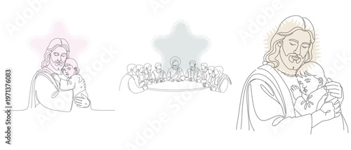 Line art illustrations depicting Jesus with children and the Last Supper, conveying themes of faith, love, and compassion in a minimalist style.