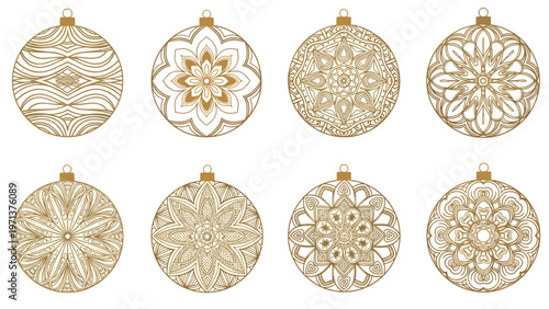 Set of eight unique golden mandala Christmas baubles with intricate geometric patterns for holiday season decorations.