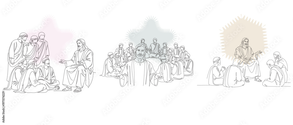 Fototapeta premium Line art illustrations depicting scenes from the life of Jesus Christ, including disciples, miracles, and teachings.