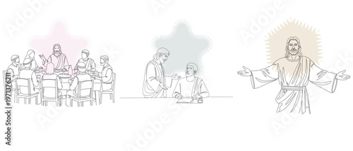 Line art illustrations depicting scenes from the life of Jesus Christ, including the Last Supper and teachings, with a haloed figure.