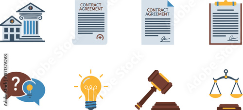 A collection of flat design icons representing legal concepts including court buildings, contracts, a judge's gavel, and scales of justice.