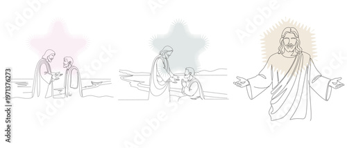 Line art illustrations depicting scenes from the life of Jesus Christ, including healing and teaching moments, with a minimalist aesthetic.
