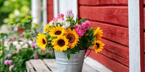 Sunflowers and Other Flowers in a Metal Bucket on a Wooden Table Near a Red B...