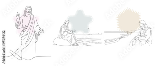 Line art illustrations depicting scenes from the life of Jesus Christ, including preaching, teaching, and moments of contemplation.
