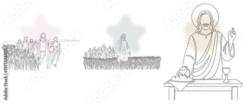 Line art illustrations depicting scenes from the life of Jesus Christ, including sermons to crowds and the Last Supper, in a minimalist style.