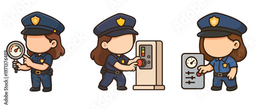 Female police officer checking meters and pressing buttons