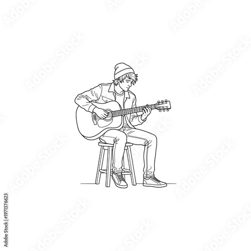 Man playing acoustic guitar sitting down.