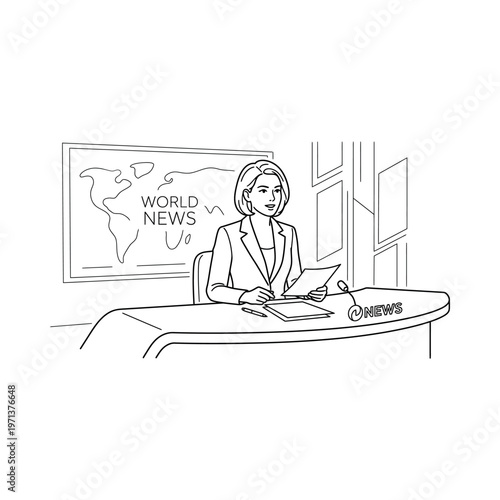 Woman sitting at news desk reading.