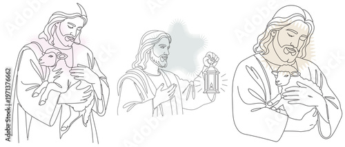 Line art illustrations of Jesus Christ with a lamb and lantern, representing faith, hope, and divine guidance, perfect for religious art.