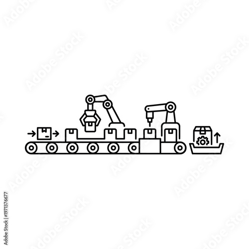 Robotic arms on industrial conveyor belt.